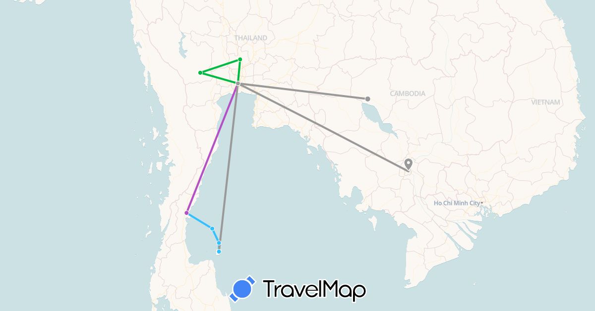 TravelMap itinerary: driving, bus, plane, train, boat in Cambodia, Thailand (Asia)